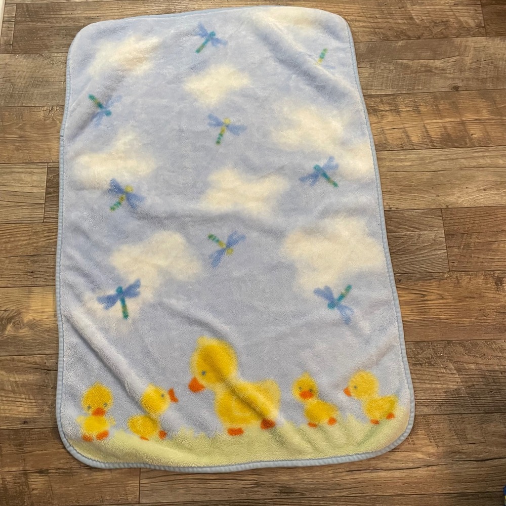 Carters Baby Blanket Blue Yellow Ducklings Dragonfly Fleece‎ Plush Nursery 44x30